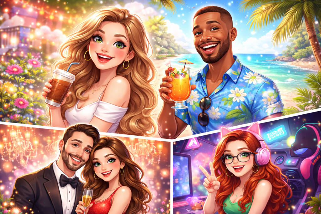 Colorful AI caricature collage showing people transformed into playful cartoon characters in lifestyle scenes, inspired by the ChatGPT caricature trend.