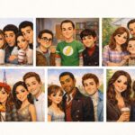 Collage of comfort shows in caricature style featuring iconic feel-good TV scenes with friends, family warmth, romance, and cozy small-town vibes.