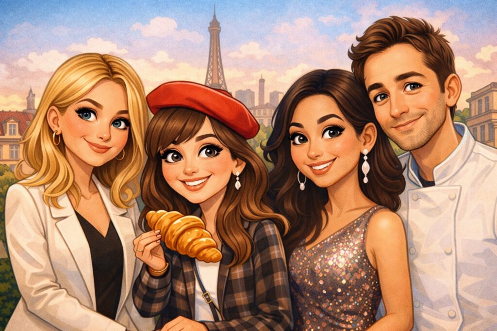 Caricature of fashionable friends in Paris representing a cozy comfort show and feel-good TV series set in Europe.