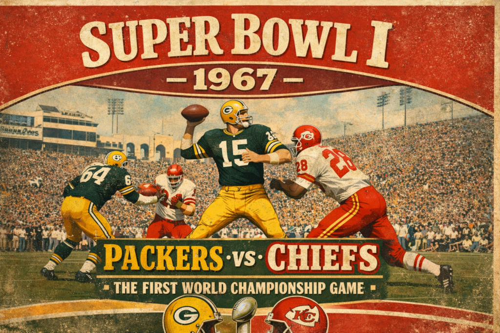 Vintage illustration of Super Bowl I in 1967 showing Packers vs Chiefs, highlighting when was the first Super Bowl played and the historic championship game in Los Angeles.