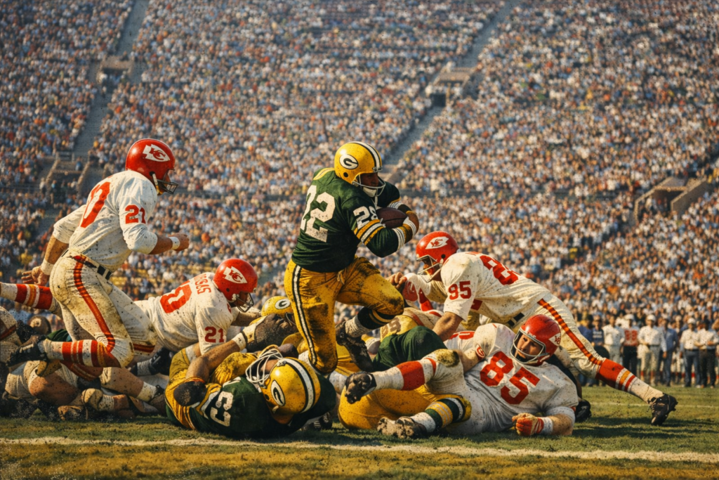 Action shot from Super Bowl I showing Packers vs Chiefs in 1967, capturing when was the first Super Bowl played and the intensity of the historic championship game.