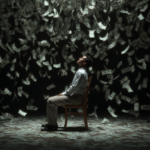 money raining on a man sitting on a chair