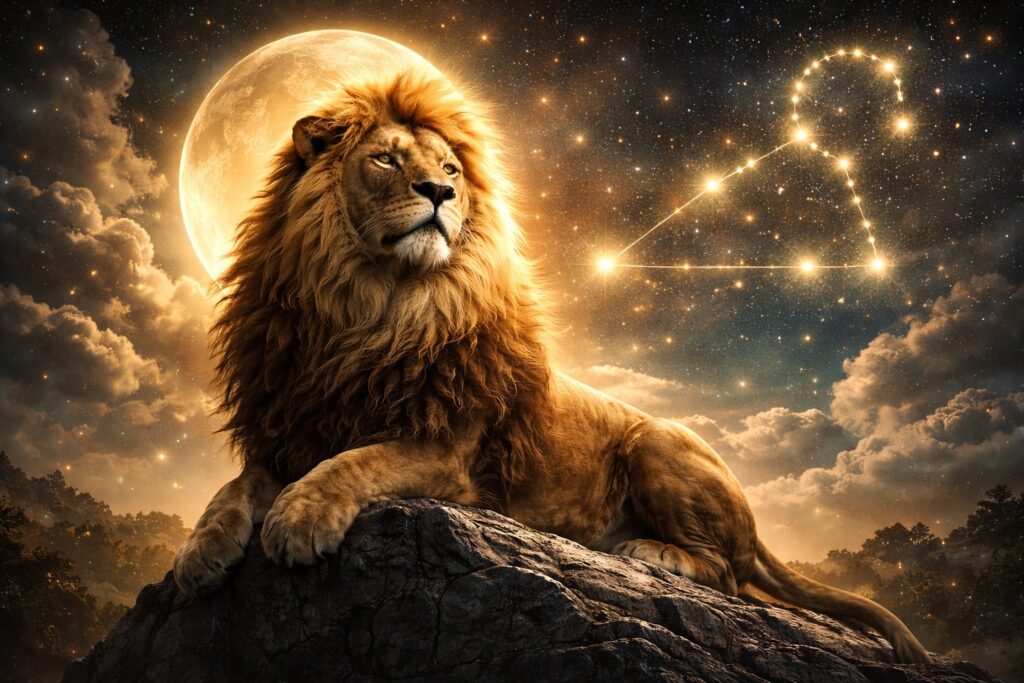 Majestic lion under a glowing moon with the Leo constellation in a golden night sky, representing the Leo zodiac sign.