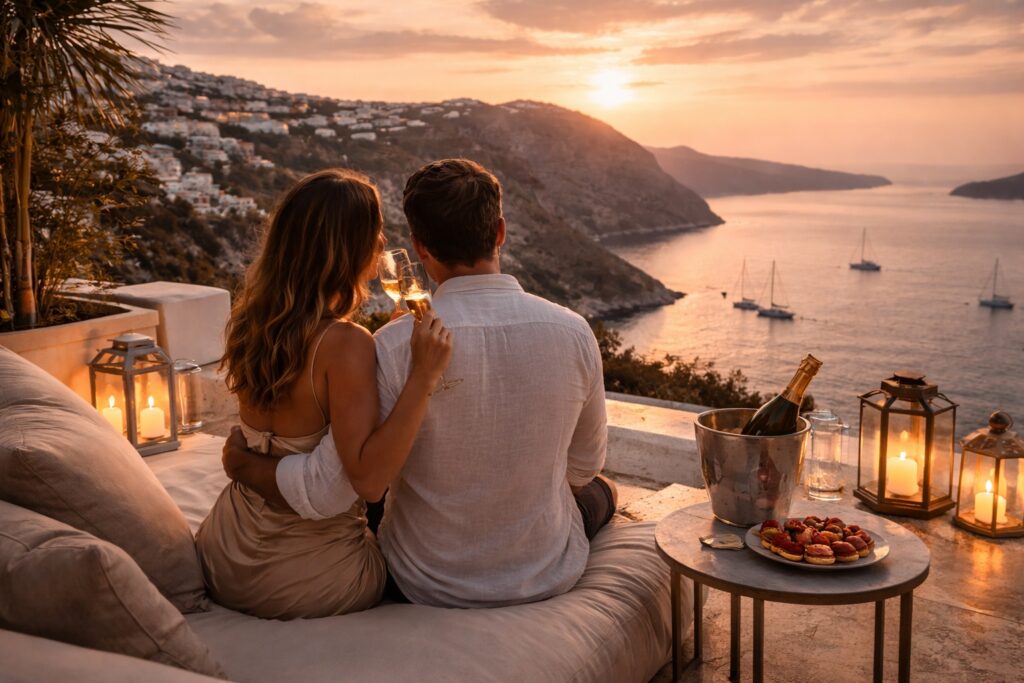 Couple enjoying champagne on a private seaside balcony at sunset, surrounded by warm lights and a luxurious romantic atmosphere.
