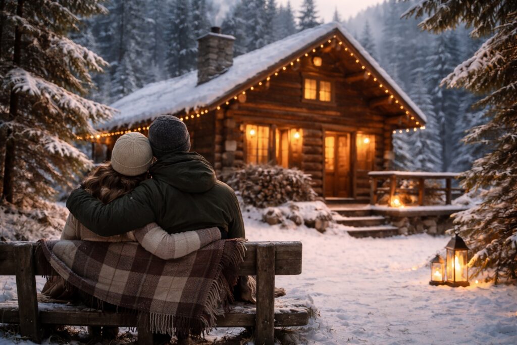 Couple sitting on a wooden bench in front of a cozy mountain cabin, wrapped in a blanket at Valentine's Day trip.

