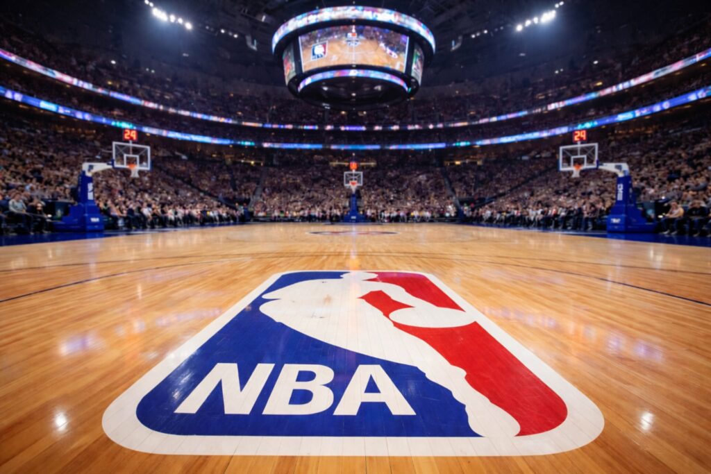 Wide-angle view of an NBA basketball court from center court, featuring the NBA logo on the hardwood floor, bright arena lights, and a packed crowd in the stands.
