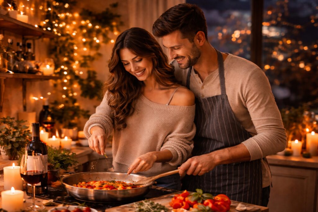 Couple cooking dinner together at home in a cozy candlelit kitchen, smiling while preparing a romantic Valentine’s Day meal.