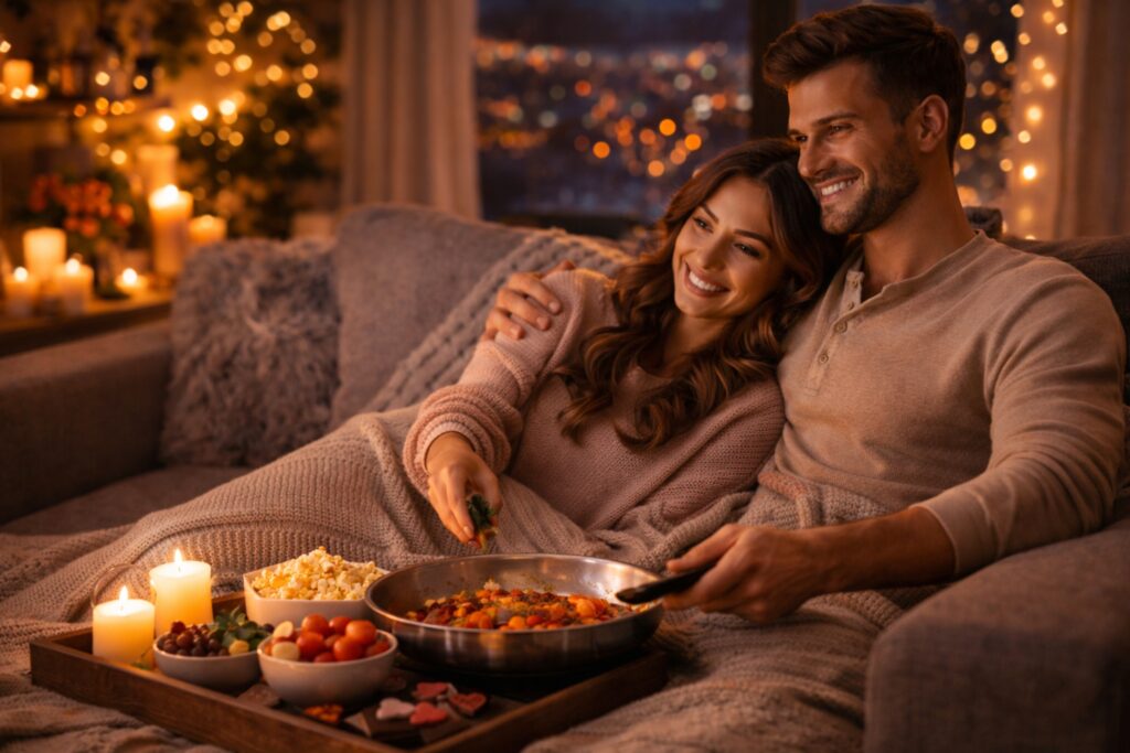 Couple cuddling on the couch during a cozy Valentine’s Day movie night at home with candles and snacks.