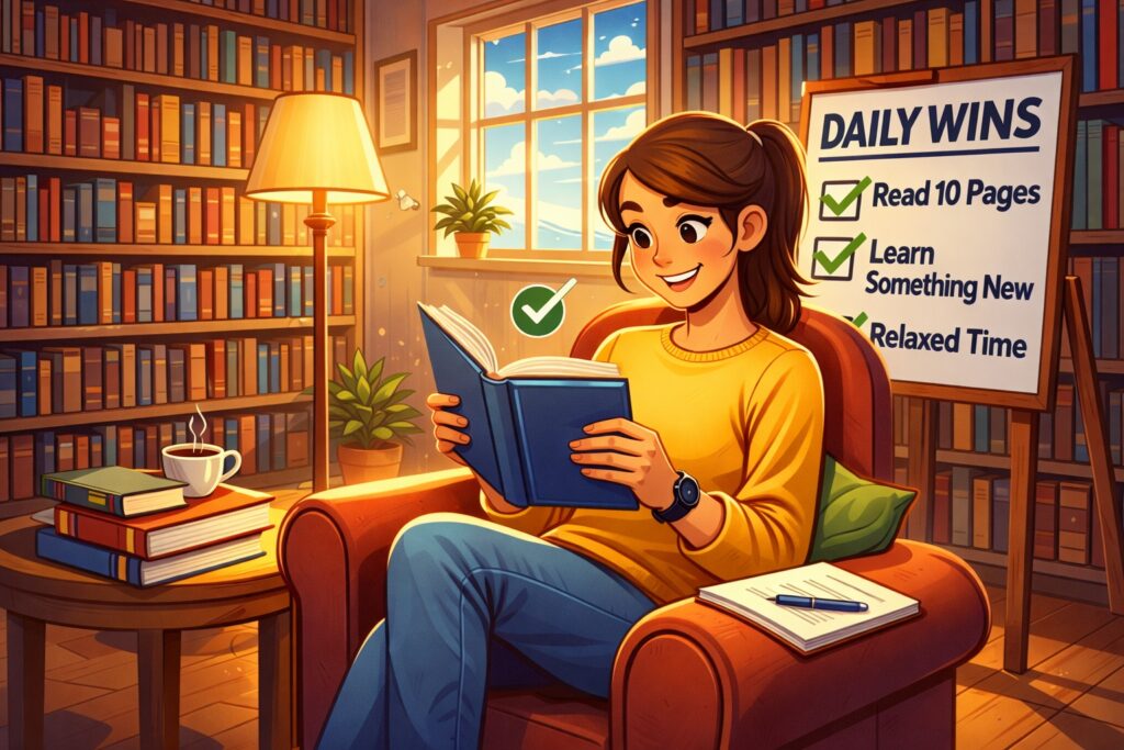 A girl reading a book in a cozy library, representing small wins and daily progress through learning and reading.