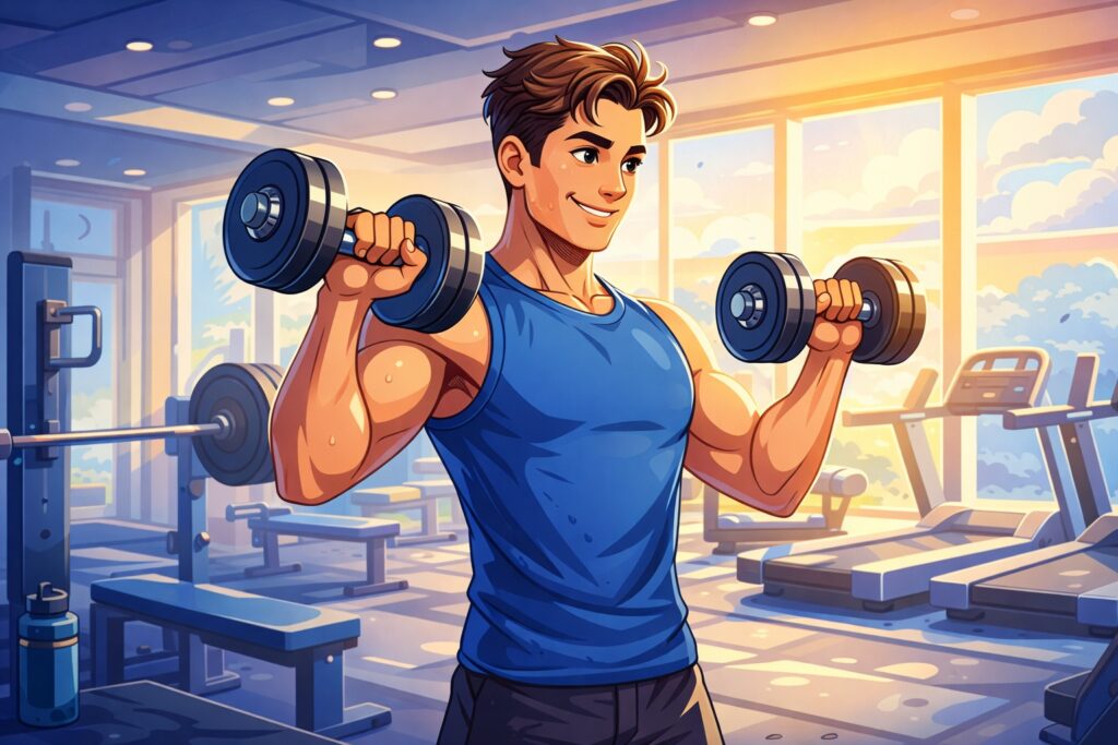 A man lifting dumbbells at the gym, representing small wins and daily progress through consistent workouts.
