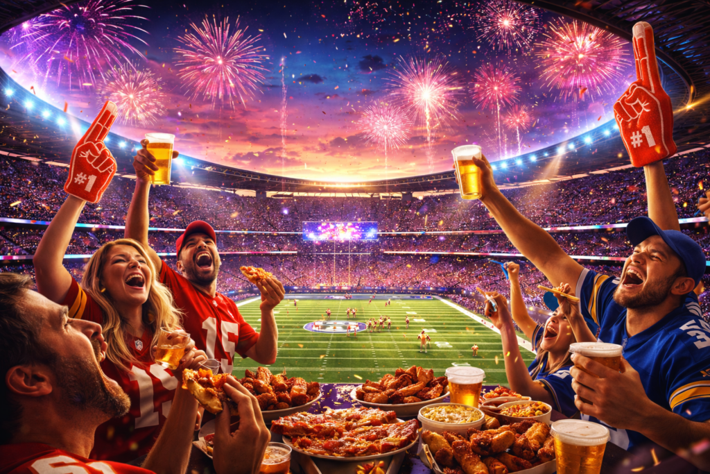 Super Bowl casino bonus celebration with cheering fans enjoying beer and food in a packed stadium, fireworks in the sky, and an exciting football game in the background.