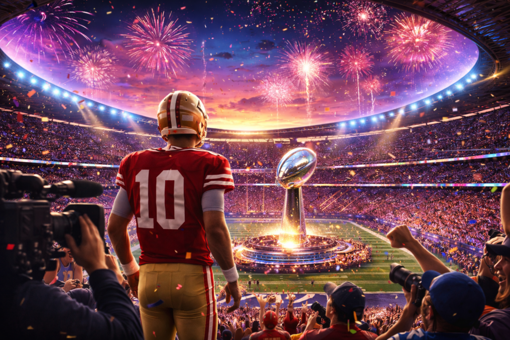 Super Bowl celebration with a football player facing a glowing trophy in a packed stadium, fireworks in the sky, cheering fans, and cameras capturing the championship moment.