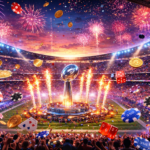 Super Bowl casino bonus celebration in a packed stadium with fireworks, floating poker chips, playing cards, dice, gold coins, and a glowing trophy symbolizing big online casino wins.
