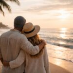 Couple embracing on a calm beach at sunset during a last-minute Valentine’s trip, surrounded by soft waves and warm natural tones.