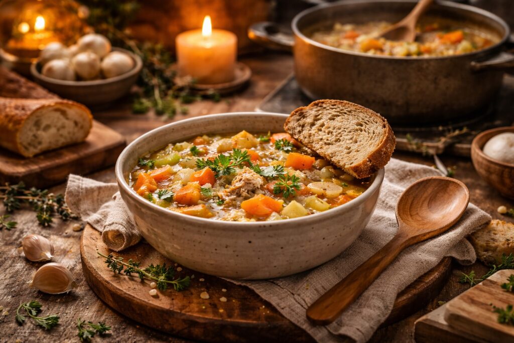 Steaming bowl of homemade vegetable and chicken soup with bread on a cozy wooden table, surrounded by warm candlelight.