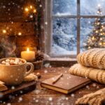 Cozy winter self-care ideas scene with hot cocoa, candle, books, and knitted blankets by a snowy window.