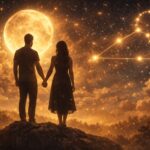 Couple holding hands under a golden starry sky, symbolizing love compatibility by zodiac sign in a calm romantic setting.