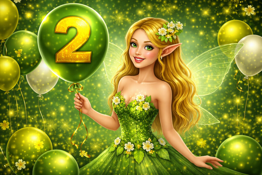 Casino anniversary rewards image featuring a green fairy holding a balloon with number 2, surrounded by glowing birthday balloons and sparkling celebration details.
