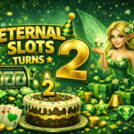 Casino anniversary rewards image for Eternal Slots turning 2, featuring a birthday cake, fairy, slot machine, gifts, cards, coins, and green casino-themed celebration elements.