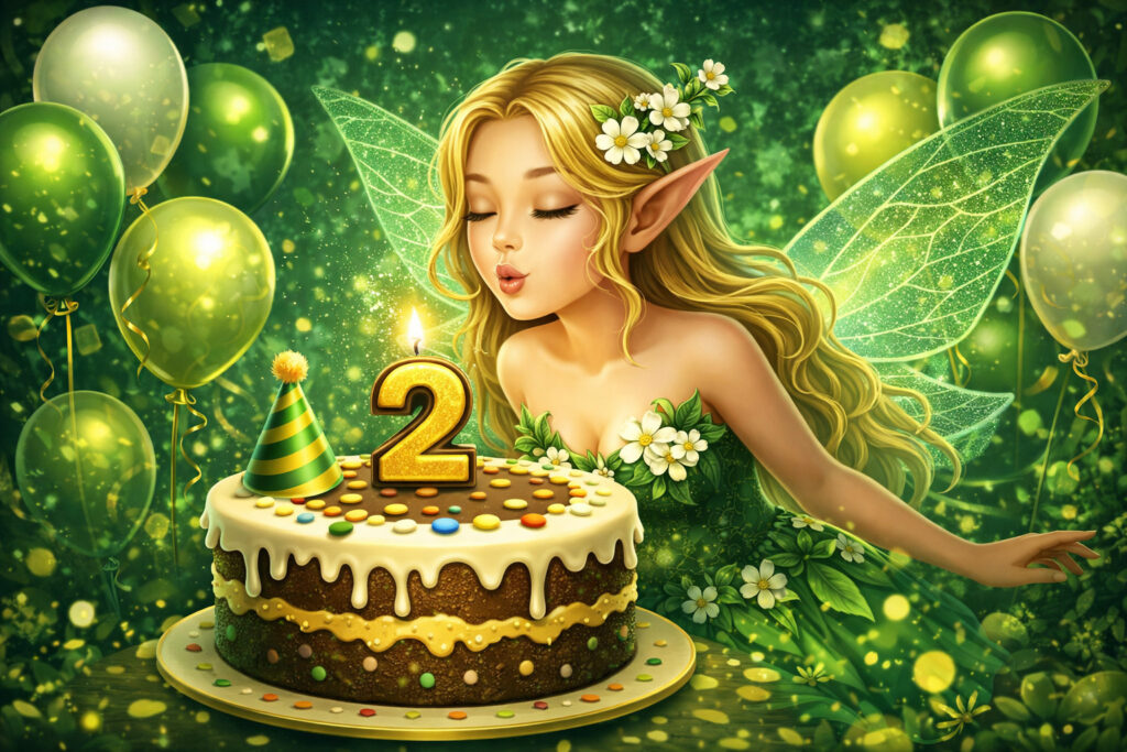 Fairy blowing out a candle on a birthday cake with a golden number 2, surrounded by green balloons and magical celebration details.