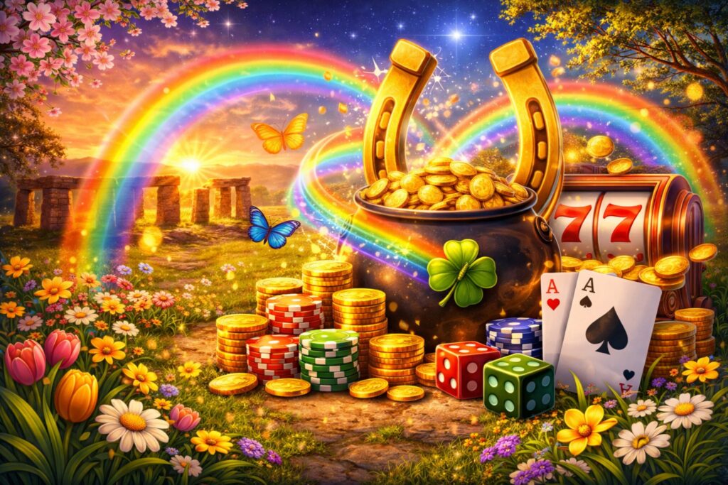 Spring casino image with rainbows, a pot of gold topped by a golden horseshoe, casino chips, slot machine reels, poker cards, dice, butterflies, and colorful flowers in a glowing sunset landscape.