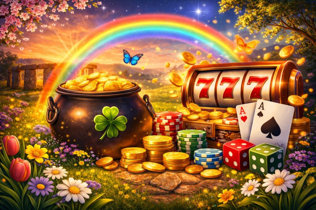 Spring-themed casino image with a rainbow, pot of gold, slot machine showing triple sevens, poker cards, dice, casino chips, butterflies, and flowers in a bright sunset landscape.