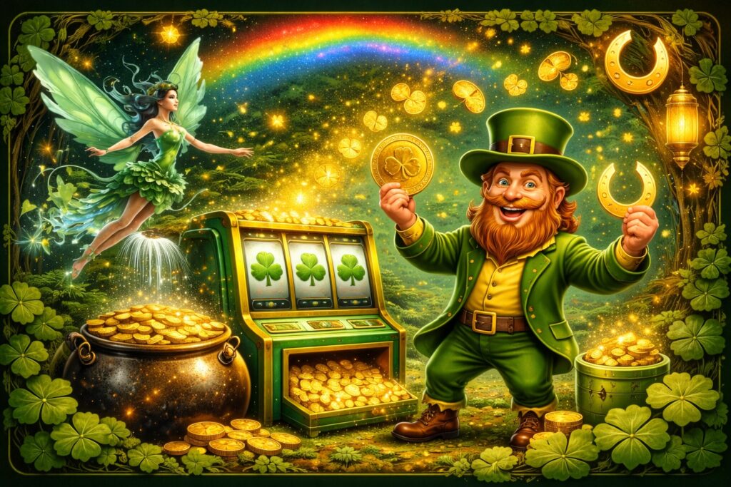 St. Patrick’s Day casino image with a smiling leprechaun, fairy, rainbow, clover slot machine, gold coins, horseshoes, and shamrocks in a magical forest.