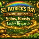 St. Patrick’s Day casino bonuses banner with a green magical forest, rainbow, gold coins, clovers, lanterns, and the text Spins, Boosts and Lucky Rewards.