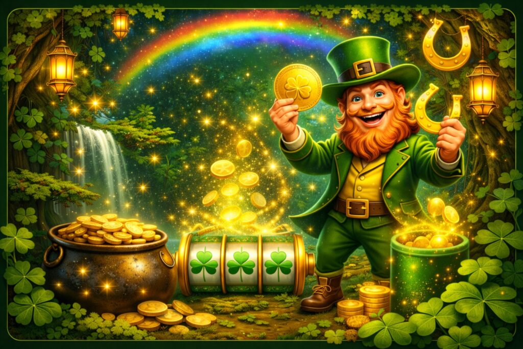 St. Patrick’s Day casino bonus image with a cheerful leprechaun, rainbow, shamrock slot reels, gold coins, horseshoes, lanterns, and a magical forest background.