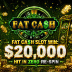 Fat Ca$h slot win banner showing a $20,000 payout hit in the Zero Re-Spin feature with gold coins, cash, and Fat Ca$h slot logo.