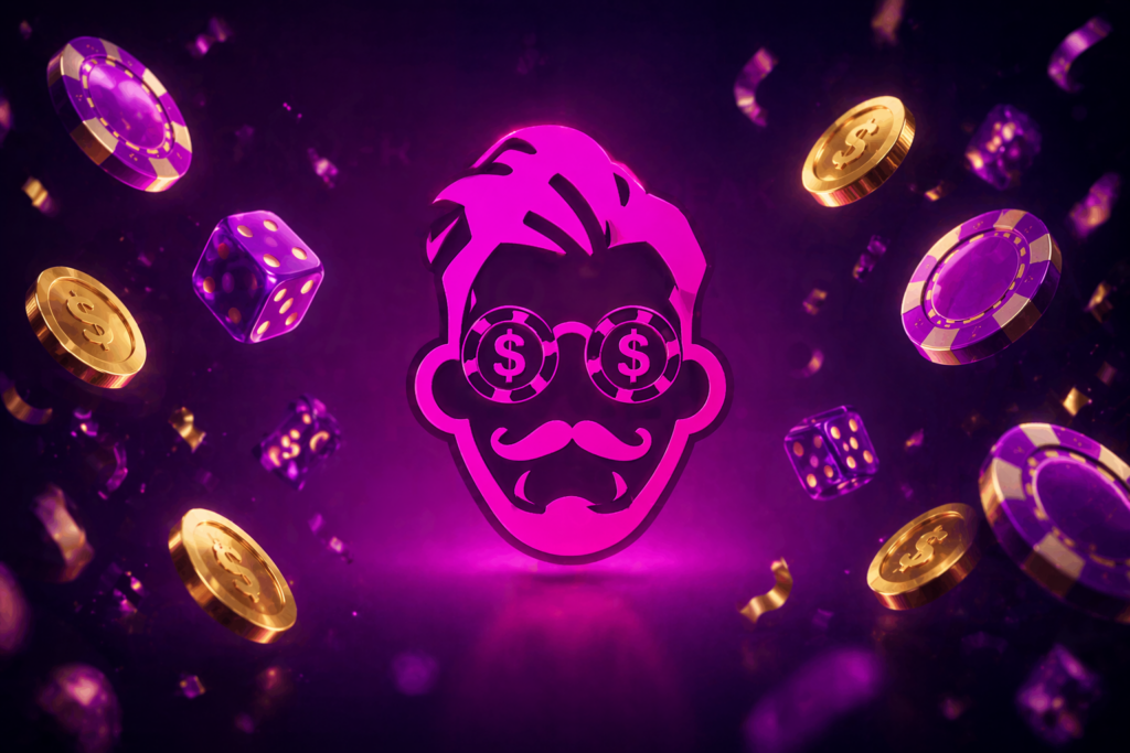 CasinoFreak logo in bright pink on a dark purple background, surrounded by floating casino chips, gold coins, and dice.