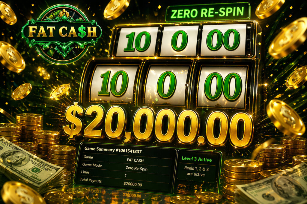 Fat Ca$h slot win image showing a $20,000 payout in Zero Re-Spin mode with 10, 0, and 00 symbols, game summary, gold coins, and cash.