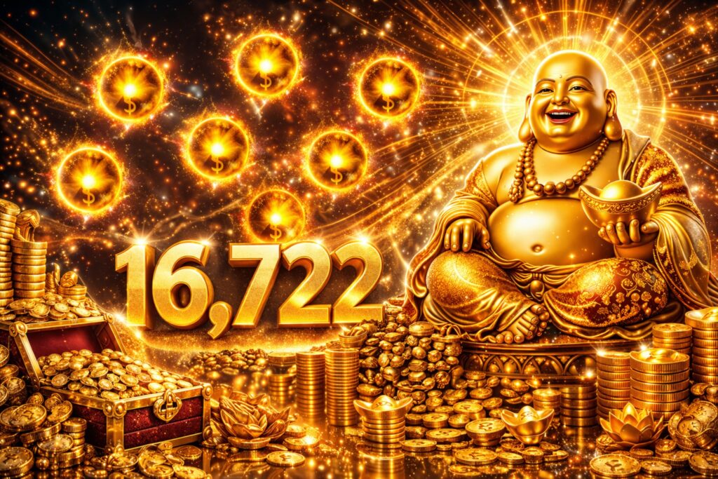 Fortunate Buddha big win graphic showing a 16,722 payout with glowing golden orbs, a golden Buddha figure, and piles of coins and treasure.