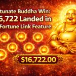 Fortunate Buddha win graphic showing a $16,722 Fortune Link Feature hit at Eternal Slots with glowing golden orbs and the Buddha symbol.