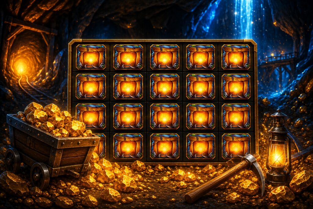Paydirt! Go for the Gold reels filled with Gold Mine symbols during a slot feature win