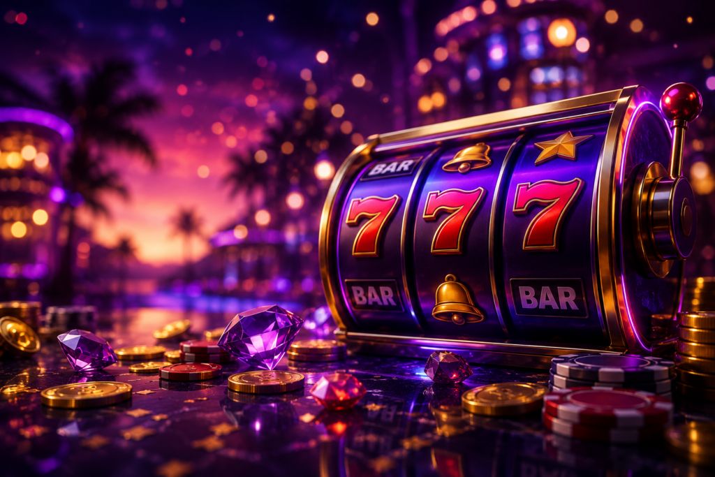 Purple and gold slot machine with red sevens, casino chips, gemstones, and coins against a neon sunset casino background.