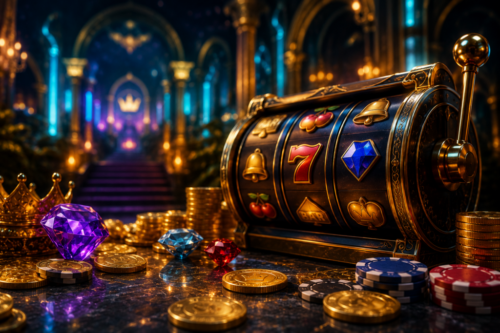 Luxury gold slot machine surrounded by coins, colorful gemstones, and casino chips inside an elegant blue and gold hall.