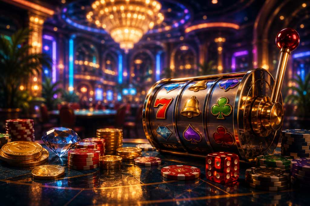 Modern slot machine with classic symbols, poker chips, dice, coins, and gemstones in a glamorous casino with chandelier lighting.