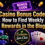 Casino bonus code banner with Exclusive Spin Club badge, weekly rewards calendar, slot machine, casino chips, playing cards, gift box, and gold coins.