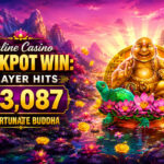 Online casino jackpot win banner showing a $13,087 Fortunate Buddha prize with a golden Buddha, lotus flowers, coins, and a colorful mountain landscape.