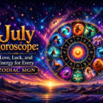 July horoscope graphic with zodiac signs, colorful cosmic sky, and the title Love, Luck, and Energy for Every Zodiac Sign.