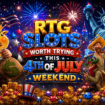 RTG slots 4th of July weekend banner with fireworks, Statue of Liberty, casino reels, gold coins, and patriotic red, white, and blue details.