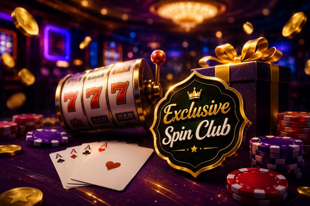Exclusive Spin Club casino banner with slot machine reels, playing cards, poker chips, gift box, and gold coins in a colorful casino setting.