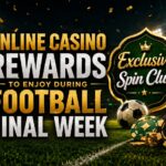 Online casino rewards banner with football stadium background, Exclusive Spin Club badge, soccer ball, casino chips, and gold coins.
