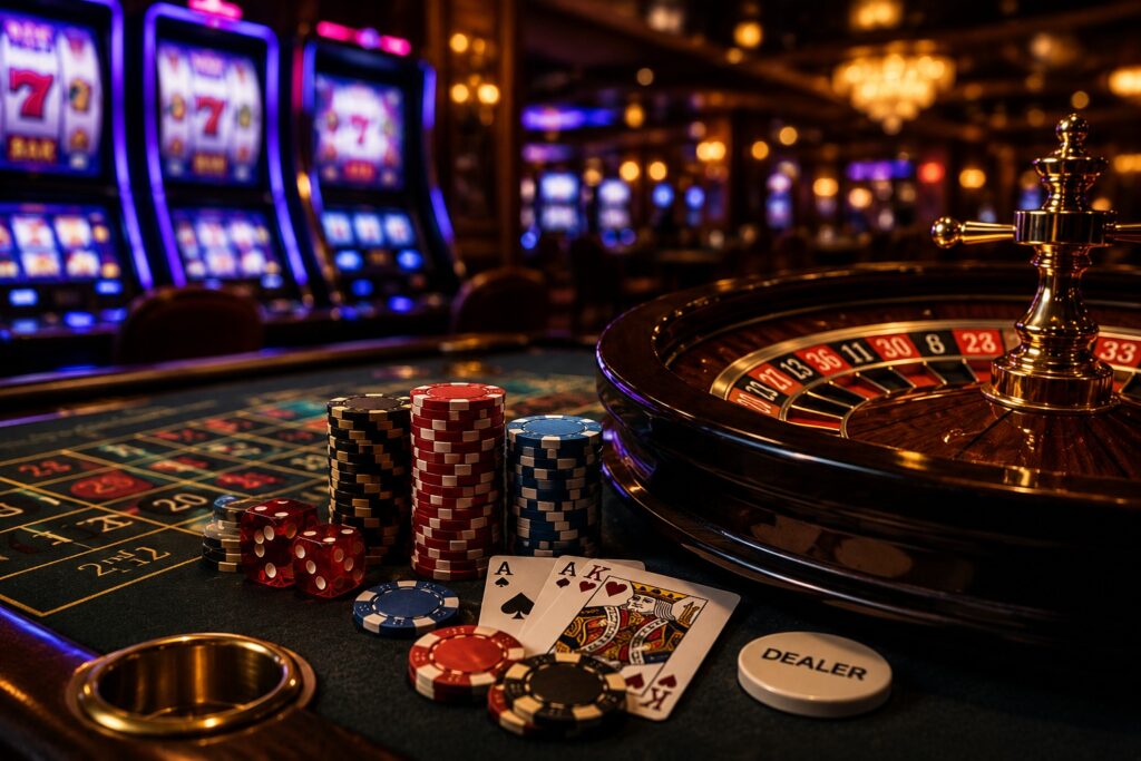 Casino table with a roulette wheel, poker chips, dice, playing cards, and slot machines in the background.