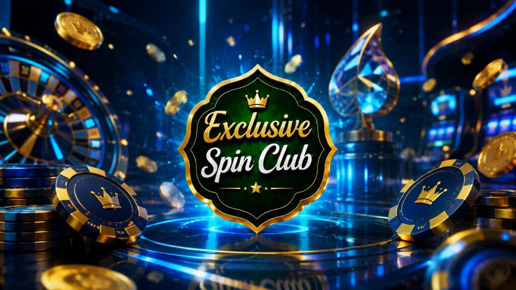 Exclusive Spin Club badge surrounded by blue and gold casino chips, coins, a roulette wheel, and glowing slot machines.