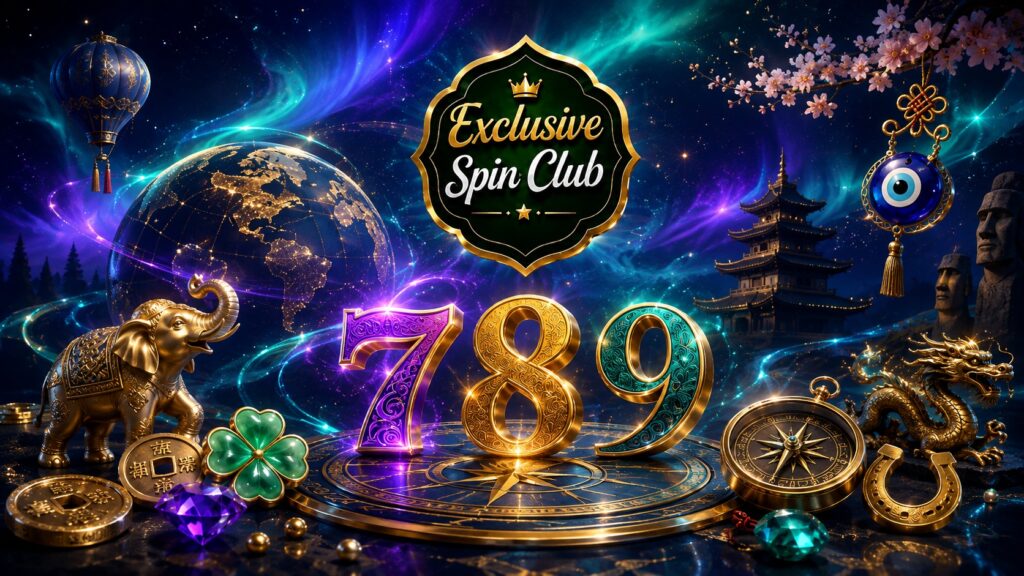 Lucky numbers 7, 8 and 9 surrounded by global lucky symbols, including a four-leaf clover, horseshoe, elephant, evil eye, coins, and the Exclusive Spin Club badge.