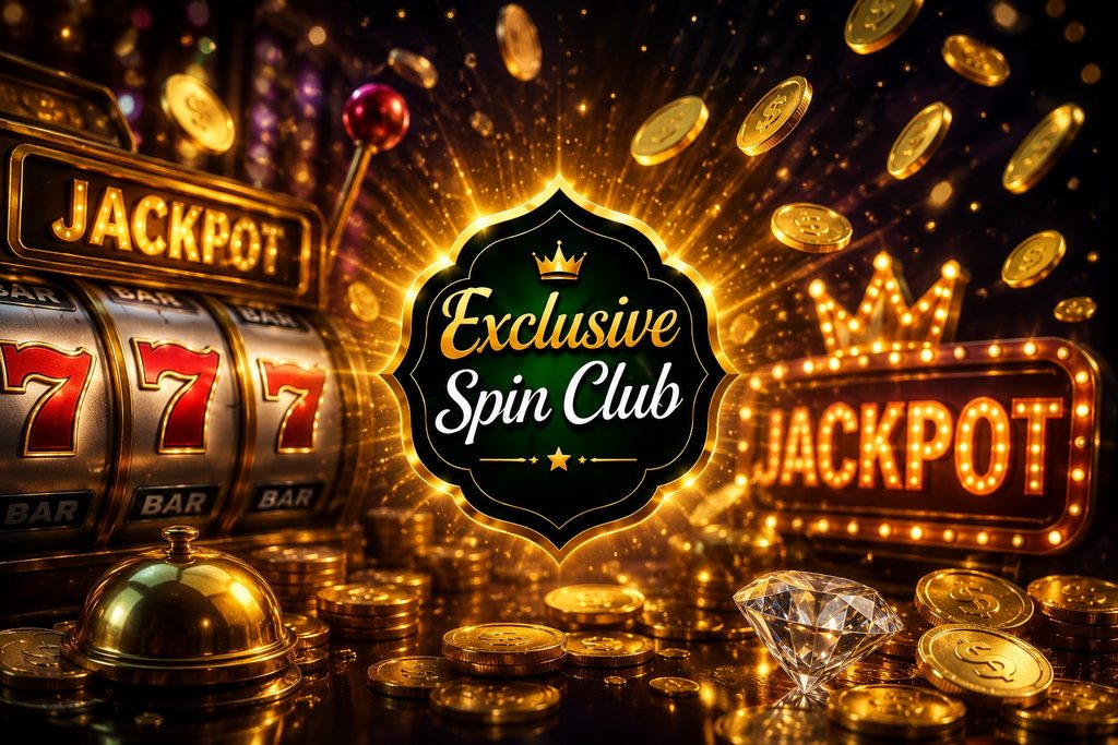 Exclusive Spin Club graphic with a jackpot slot machine, 777 symbols, gold coins, a diamond, and glowing casino signs.