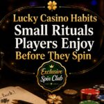 Lucky Casino Habits blog graphic with a black lucky cat, slot machine, casino chips, coffee, and an Exclusive Spin Club badge.