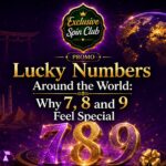 Lucky Numbers Around the World graphic featuring 7, 8 and 9, global landmarks, a lucky cat, coins, and the Exclusive Spin Club badge.